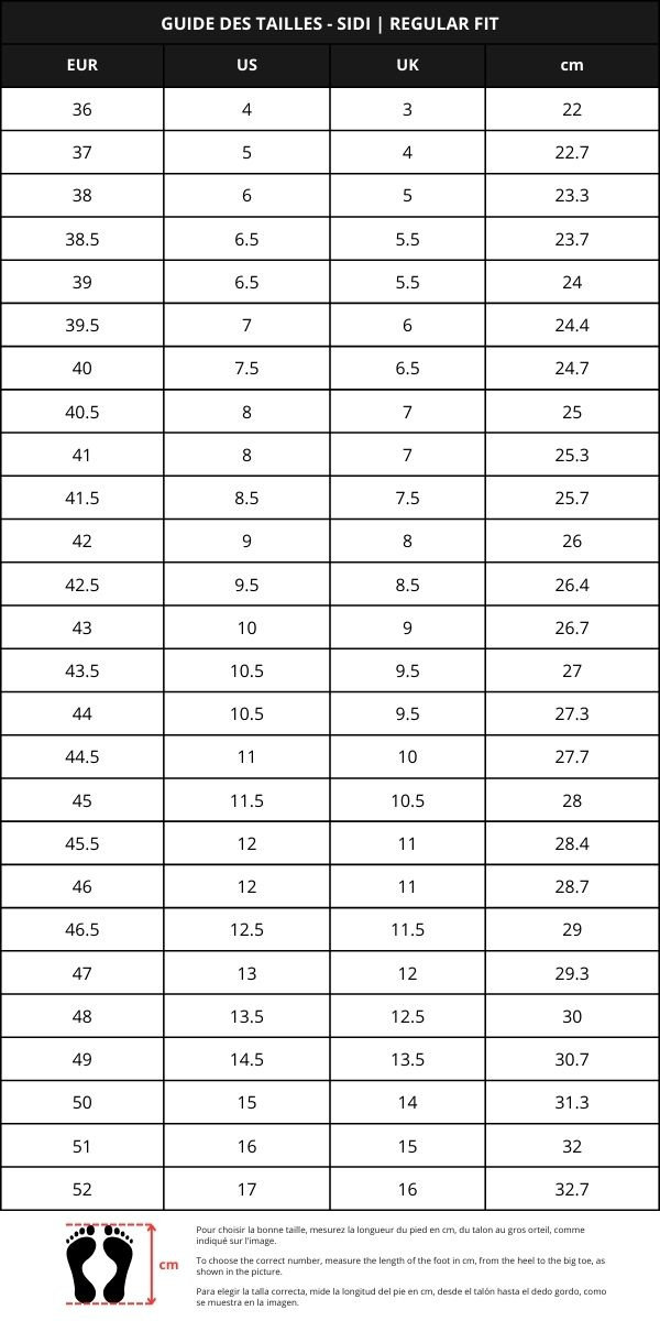 Guide des tailles SIDI du regular fit pour chaussures de vélo de route SIDI