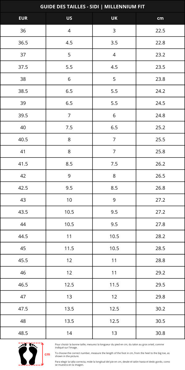 Guide des tailles SIDI du millennium fit pour chaussures de vélo de route SIDI